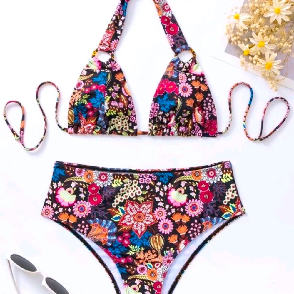 NEW Floral Print Halter Bikini Swimsuit S